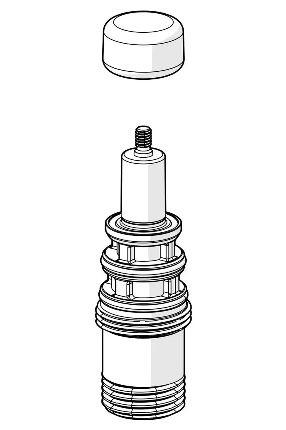 Technisches Bauteil mit mehreren Ringen und einem Gewinde am unteren Ende, versehen mit einer abnehmbaren Kappe. Produkt von Hansa.